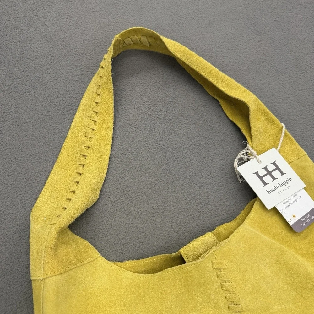 Haute Hippie Leather Festival Suede Leather Hobo Chartreuse Purse Bag Pouch New